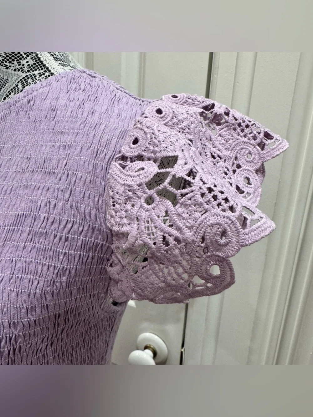 NEW Milkmaid Smocked Maxi Dress Size M Lavender Tiered Crochet Boho - Picture 3 of 10